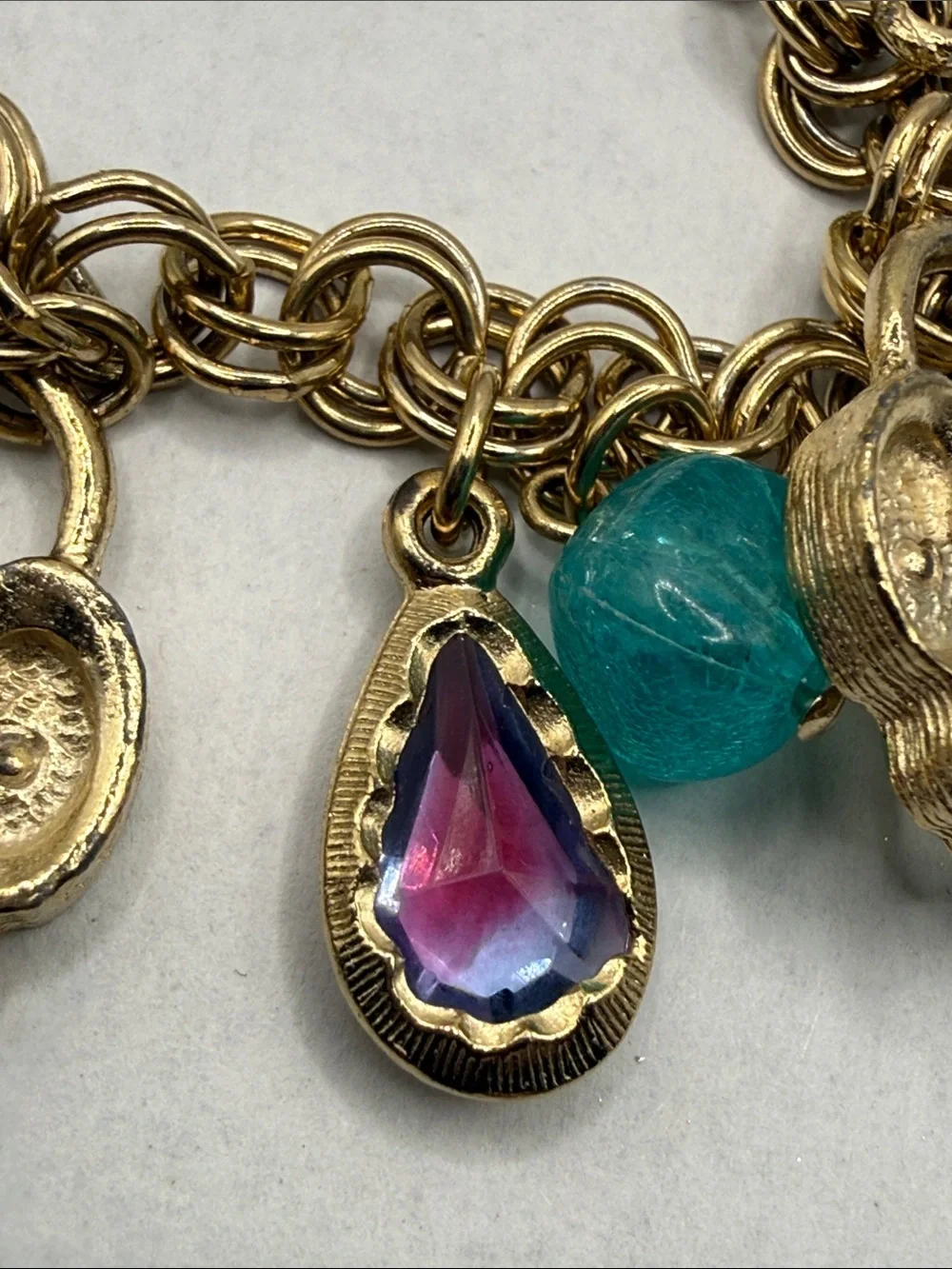 Whimsy Gold-Tone Charm Bracelet with Aqua Beads and Purple Teardrops lock & key